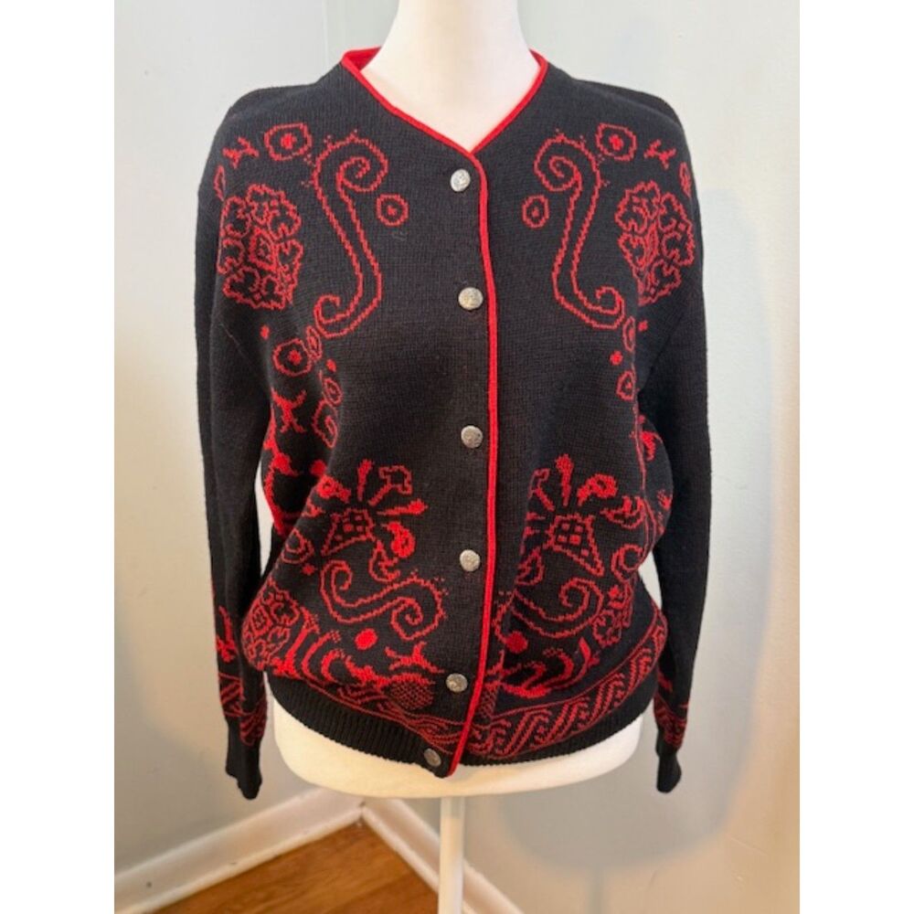 Vintage‎ Pendleton USA Black Red Jacquard 100% Virgin Wool Cardigan M Nordic